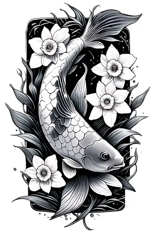 Koi Fish with daffodils tattoo design idea