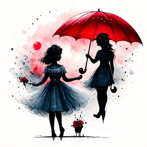 small tattoo with mother and midage daughter with a red umbrella tattoo design idea