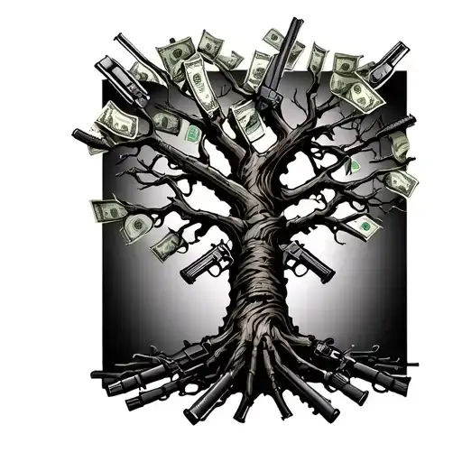 A design of a family tree with branches made of guns and money, representing the importance of family ties in the cartel lifestyle tattoo design idea