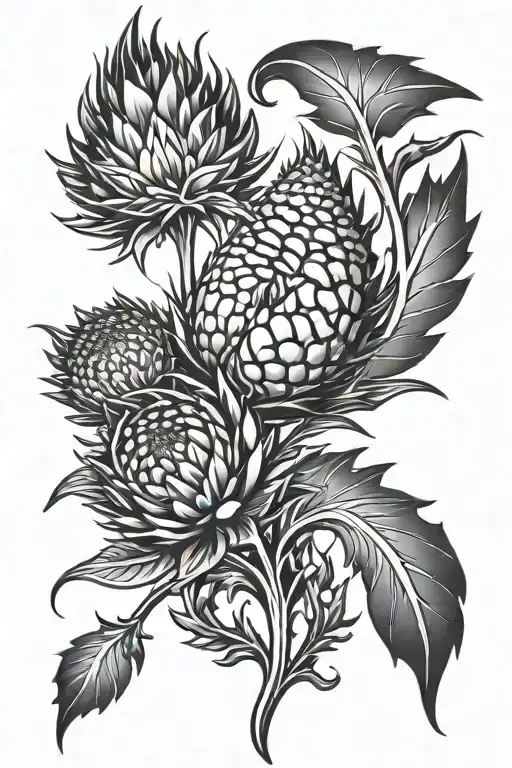 Tattoo composition Thistle, Phoenix, Fire, S, 21, Tech, Cyber, Metal, Sharp edges, futuristic, scotland tattoo design idea