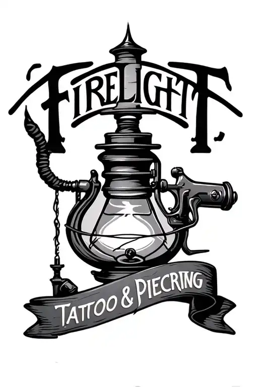 "Firelight Tattoo & Piercing" oil lamp with tattoo gun tattoo design idea
