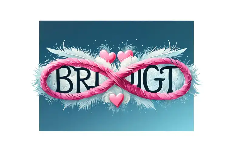 "BRMJGT" "BRMJGT" "BRMJGT" "BRMJGT"  letters incorporated in forming infinity symbol surrounded by hearts feathered background  tattoo design idea