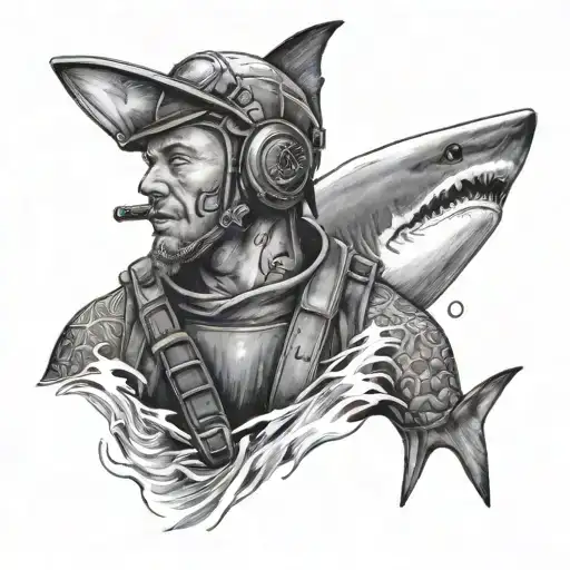 A black and grey realistic portrait of a navy seal with a shark fin emerging from the water behind them tattoo design idea