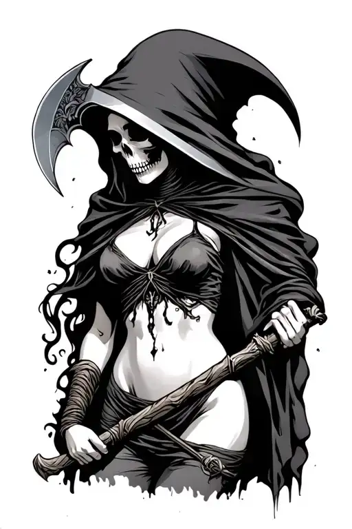 grim reaper nude girl holding scythe tattoo design idea