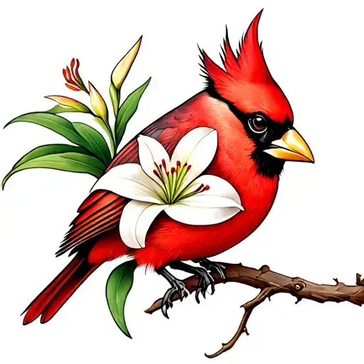cardinal bird with madonna lily tattoo design idea