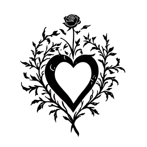 heart with vines and a rose with middle open tattoo design idea