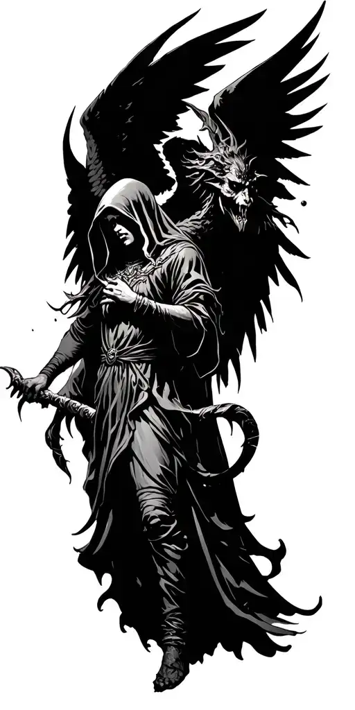 Hooded Arch Angel Defeating A Demon Slayer tattoo design idea