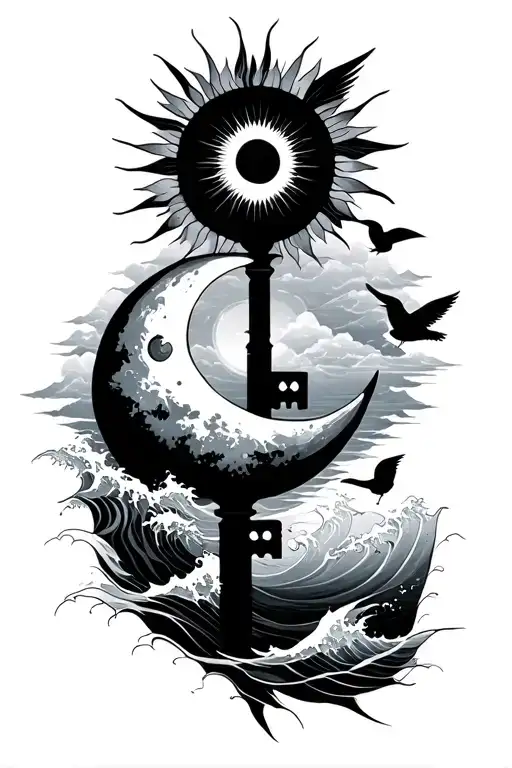 sun, moon, key, wave, small birds tattoo design idea