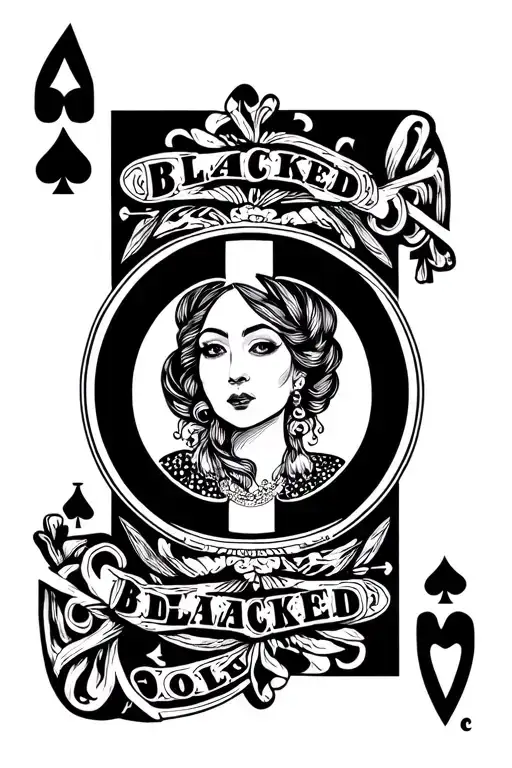 Queen of Spades symbol surrounded by a circle made by the word "BLACKED"  tattoo design idea