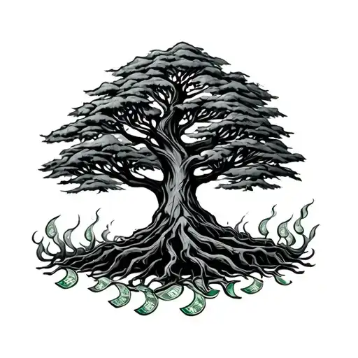 burning money tree tattoo design idea