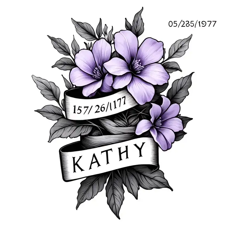 "05/26/1977 Kathy" lilac flowers wrapping tattoo design idea