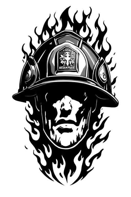 firefighter helmet engulfed in flames tattoo design idea