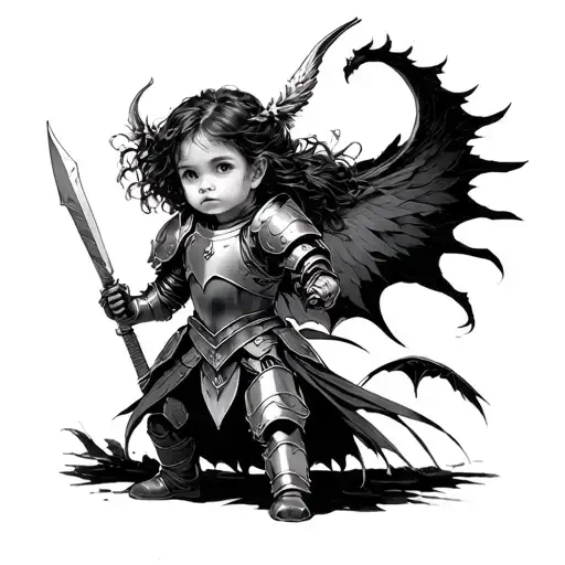 little girl in armour that's too big fighting chaos and demons in her mind tattoo design idea