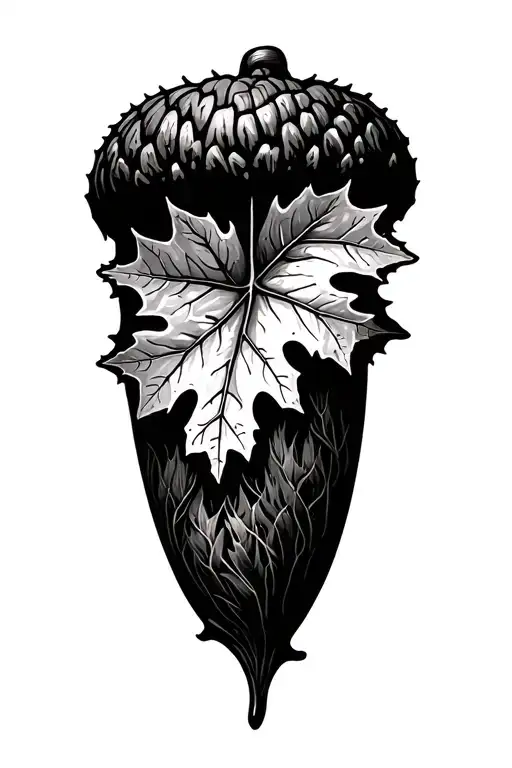 Acorn x2 three oak leaf intertwined representing the client's family tattoo design idea
