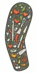 culinary themed chef's knife Cast iron pans, pots pans peppers, tomatoes, garlic, onions Rolling pins, whisk, spatula tattoo design idea