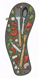 culinary themed chef's knife Cast iron pans, pots pans peppers, tomatoes, garlic, onions Rolling pins, whisk, spatula tattoo design idea