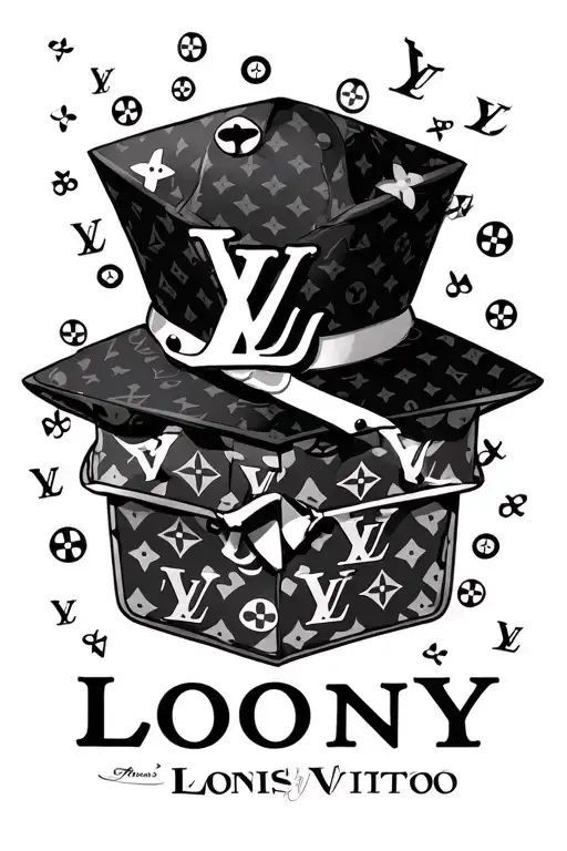 the name Loony with a bunch of small louis vuitton symbols in the backround tattoo design idea