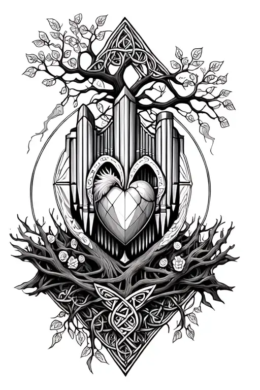 Celtic tree of life with its center an organ of the geometric heart. The tree is surrounded by a diamond. Lifeline. tattoo design idea