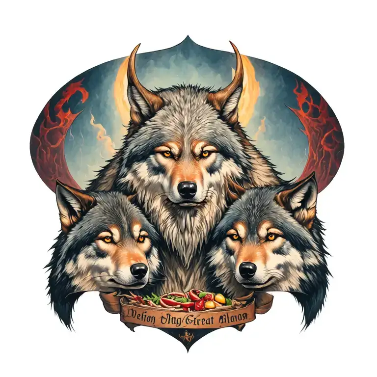 odin great hall feast surrounded by wolves tattoo design idea