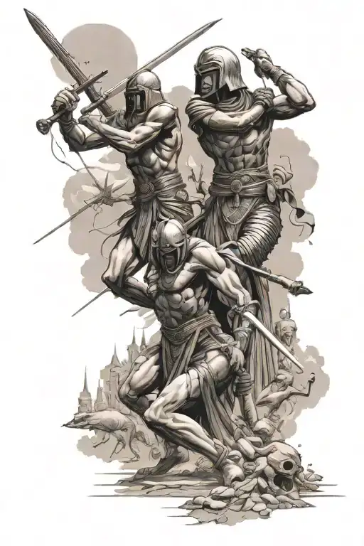 Egyptian style big war with sword fighting in a massive scale battle with scenery fighting each other in war  tattoo design idea
