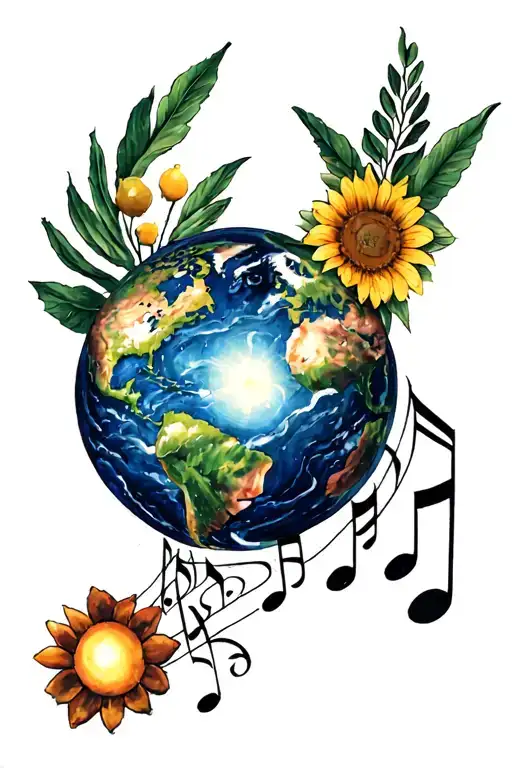 World and sunshine and music tattoo design idea