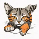 skinny female brown tabby cat, short hair, white hair on belly and chest, orange spot on head, white paws, black stripes tattoo design idea