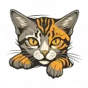 skinny female brown tabby cat, short hair, white hair on belly and chest, orange spot on head, white paws, black stripes tattoo design idea