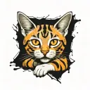 skinny female brown tabby cat, short hair, white hair on belly and chest, orange spot on head, white paws, black stripes tattoo design idea