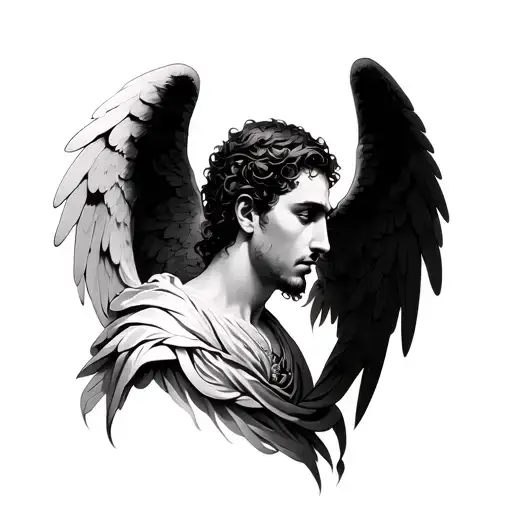 make an image of angelic tattoo, it's for a neck and shoulder tattoo,man,  gothic style, realism, black and grey, fully  tattoo design idea