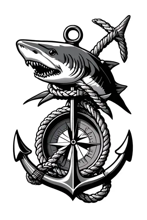 anchor rope compass shark surrounded tattoo design idea