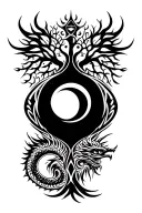 tribal design including army elements, tree of life, dna strand, goddess sun moon, dragon tattoo design idea