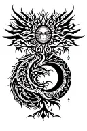 tribal design including army elements, tree of life, dna strand, goddess sun moon, dragon tattoo design idea