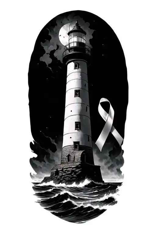 Lighthouse in the storm with a ovarian cancer awareness ribbon  tattoo design idea