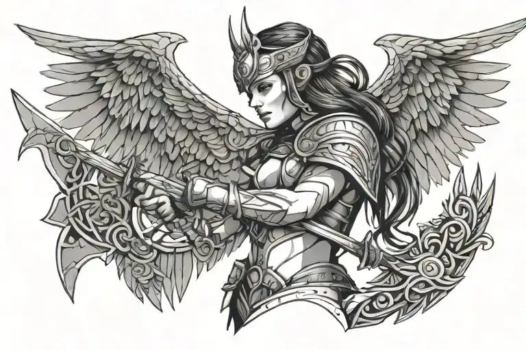 Valkyrie warrior with katana wings emerging from her back tattoo design idea