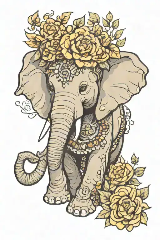 elephant, november gemstone, april gemstone, september gemstone, august gemstone, flower crown tattoo design idea