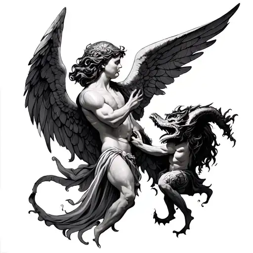 Angel and demon fighting neck tattoo design idea