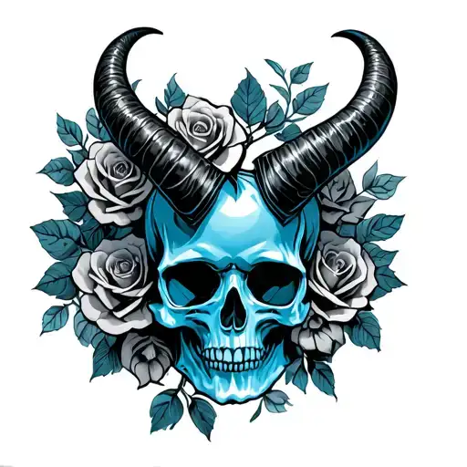 blue skull with horns and roses growing tattoo design idea