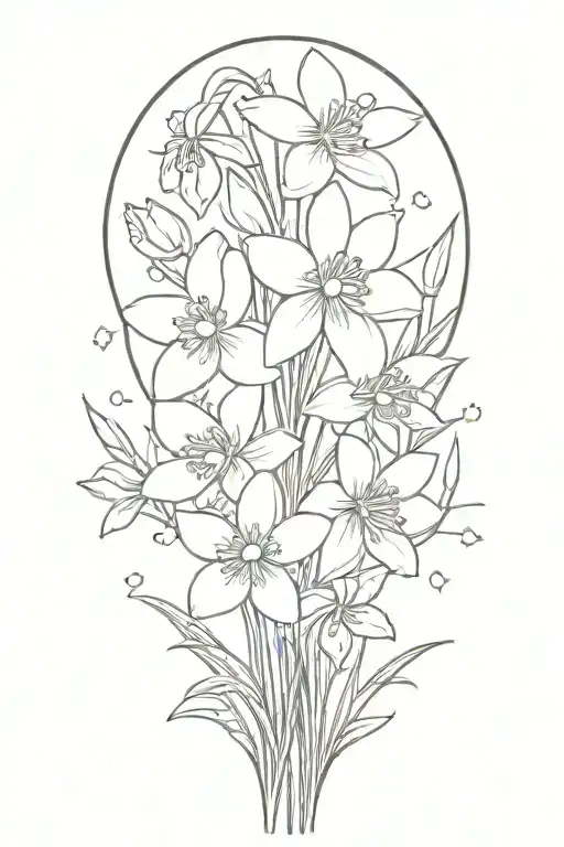 daisy and daffodil flower bouquet, cherry blossoms, snow drops, violets, greenery, stems tattoo design idea