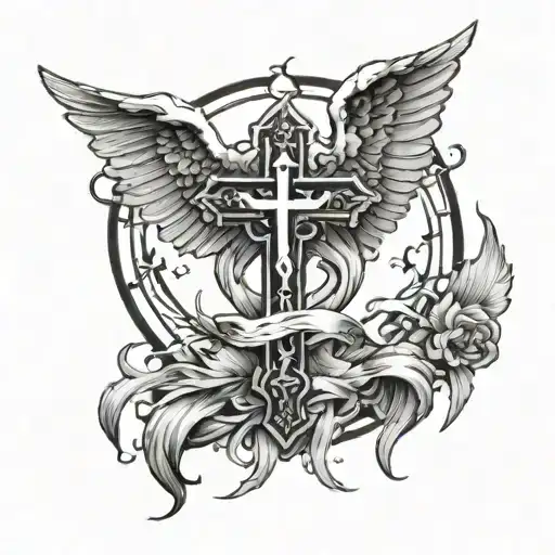 A tattoo design featuring a cross and angel wings intertwined, symbolizing the eternal struggle between good and evil tattoo design idea
