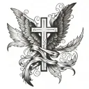 A tattoo design featuring a cross and angel wings intertwined, symbolizing the eternal struggle between good and evil tattoo design idea