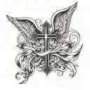 A tattoo design featuring a cross and angel wings intertwined, symbolizing the eternal struggle between good and evil tattoo design idea