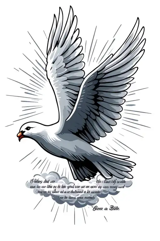 "Dove with a bible verse below " clouds surrounding with light rays shining tattoo design idea