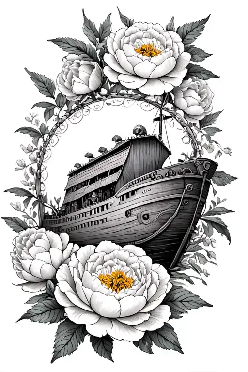 Noah's Ark surrounded by peony flowers tattoo design idea
