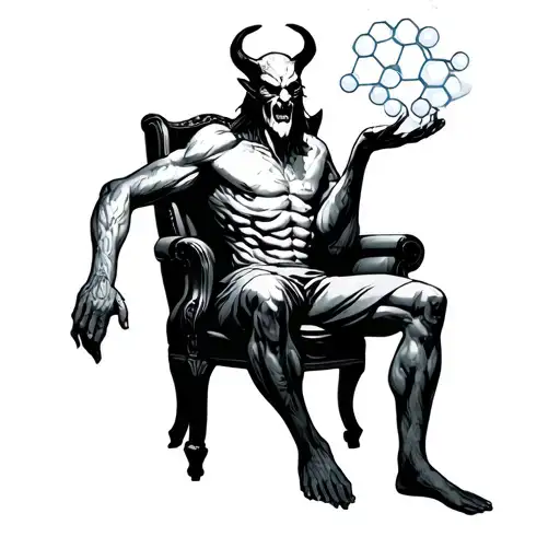 Satan sitting in a chair holding Oxycontin  molecule floating in hand tattoo design idea