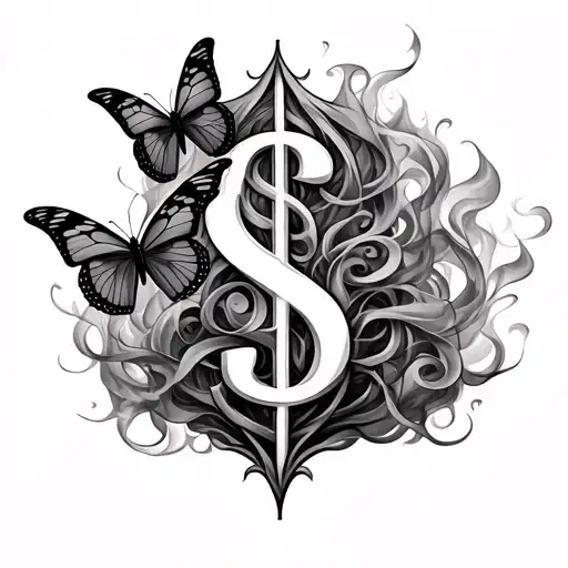 A intricate design of intertwining smoke and butterflies forming a money symbol, with a subtle hint of fire in the background tattoo design idea