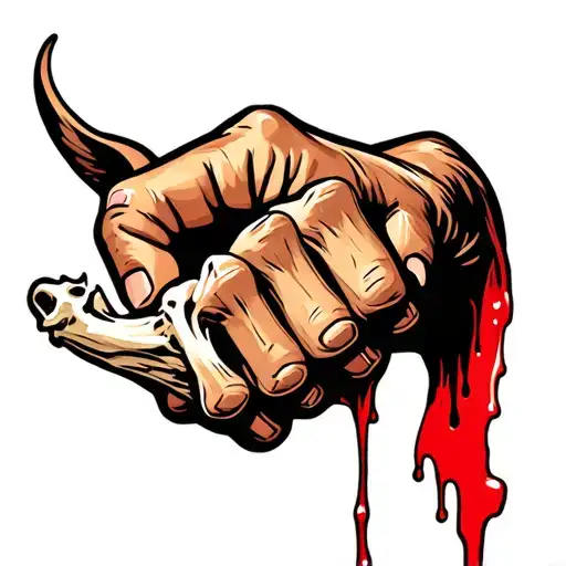 Create a tattoo design featuring a powerful fist gripping a donkey jawbone, with blood dripping from the knuckles tattoo design idea
