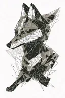 running fox (in motion, elegant, drawn with thin lines) on a background of  symmetroc geometric pattern tattoo design idea