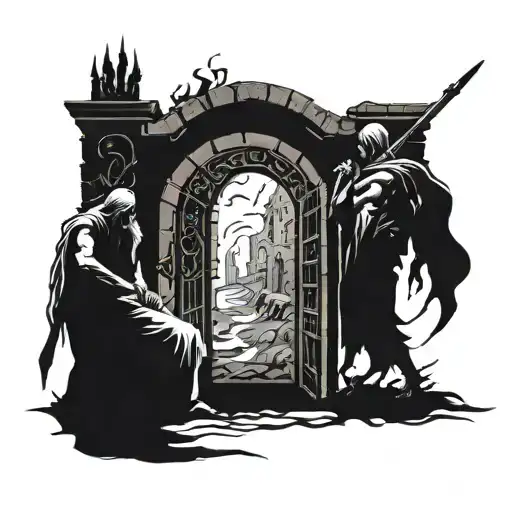 dante and virgil walking out of the gates of hell to Purgatory. Abandon all hope ye who enter here written tattoo design idea