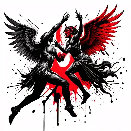 angel and demon fighting with angel slightly winning tattoo design idea