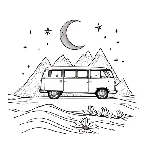 A volkswagen bus with a crescent moon and stars above it, mountains behind it, cosmos flowers on the ground and a wave o tattoo design idea